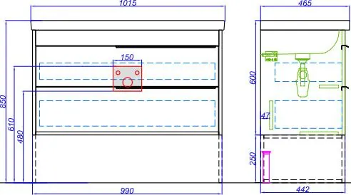 Габаритная схема Тумба с раковиной Aqwella Fargo 100 дуб балтийский