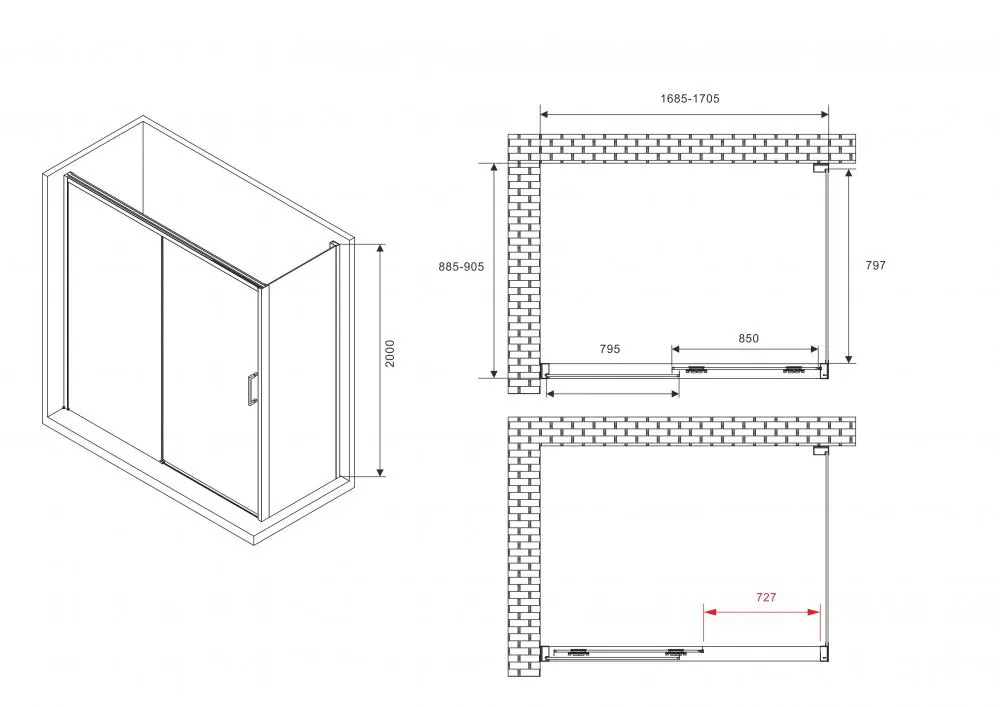 Габаритная схема Душевой уголок Abber Komfort AG93170-S92 170x90