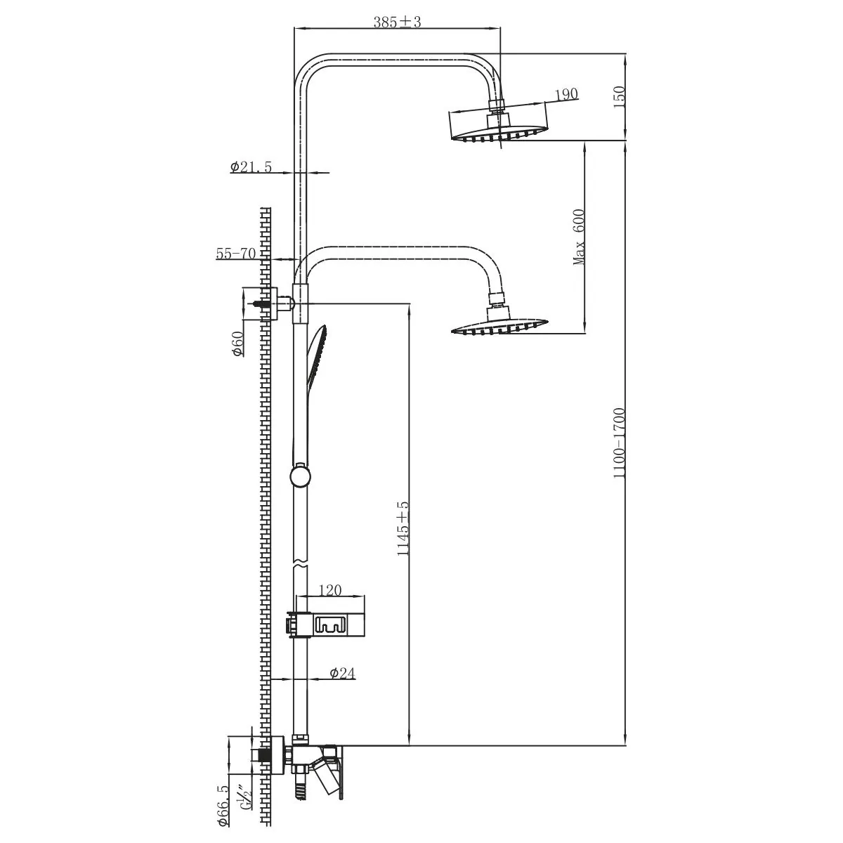 Габаритная схема Душевая стойка Lemark Tropic LM7002BL