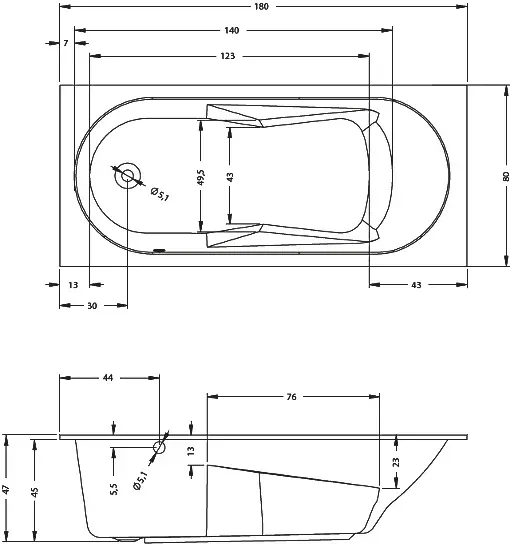 Габаритная схема Акриловая ванна Riho Bathtubs Lazy 180х80 L