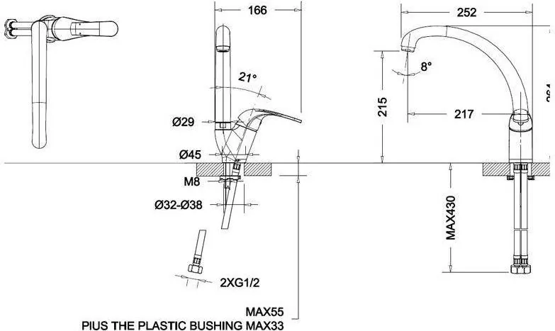 Габаритная схема Смеситель Bravat Fit F7135188CP-1-RUS для кухонной мойки