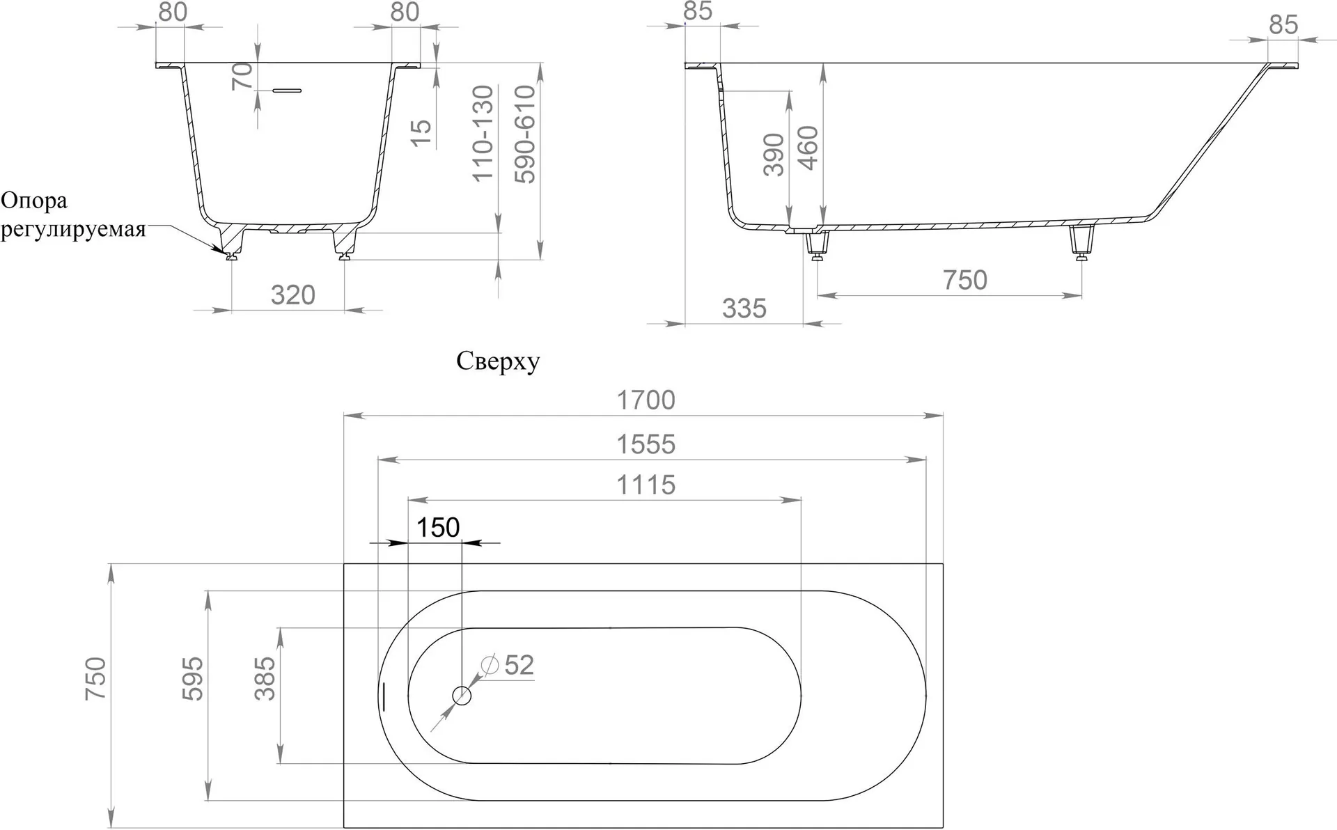 Габаритная схема Ванна из искусственного камня Salini Ornella Kit 102421M 170х75