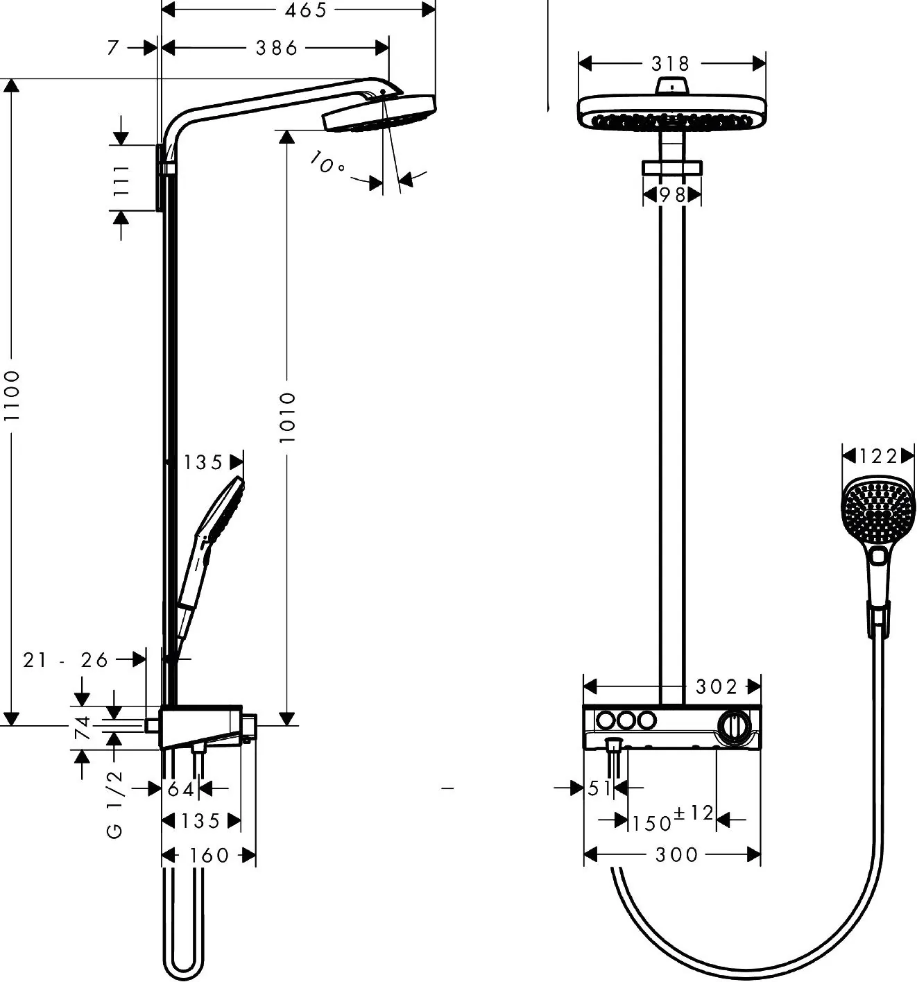 Габаритная схема Душевая стойка Hansgrohe Raindance Select E 27127400