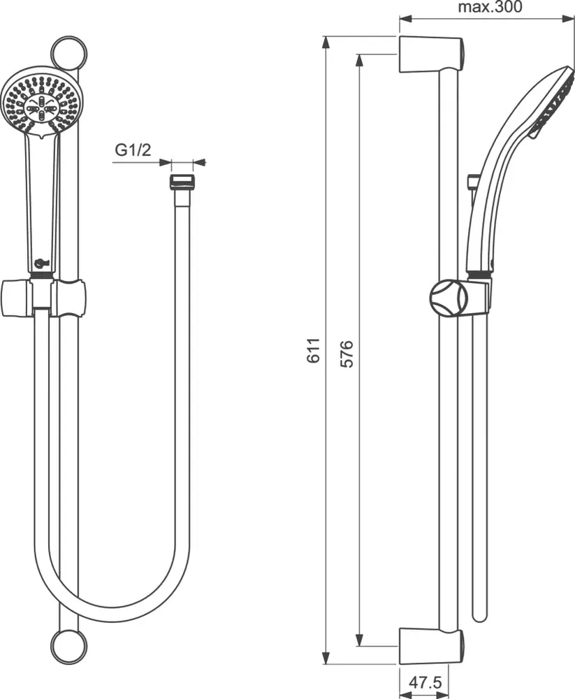 Габаритная схема Душевой комплект Ideal Standard Alpha BD004AA
