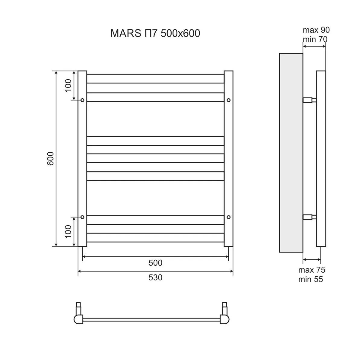 Габаритная схема Полотенцесушитель электрический Lemark Mars П7 50x60