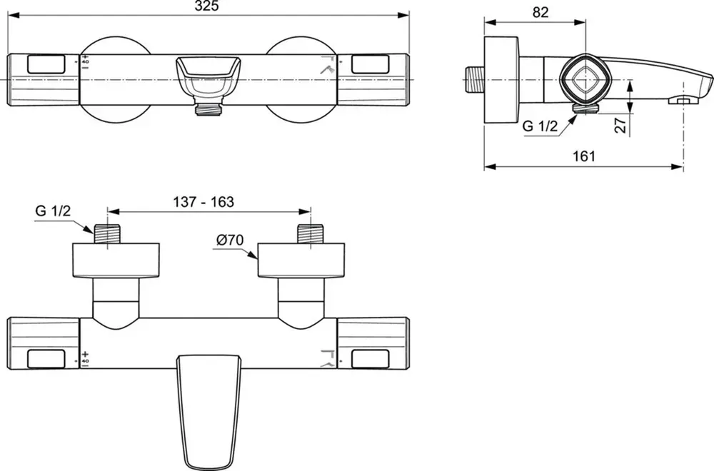 Габаритная схема Душевой комплект Ideal Standard Ceratherm T100 (3 в 1)