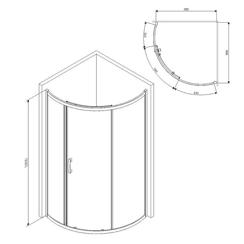 Габаритная схема Душевой уголок AM.PM Like W83G-315-090CT