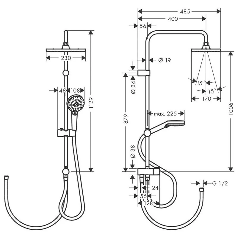 Габаритная схема Душевая стойка Hansgrohe Vernis Shape 26282670