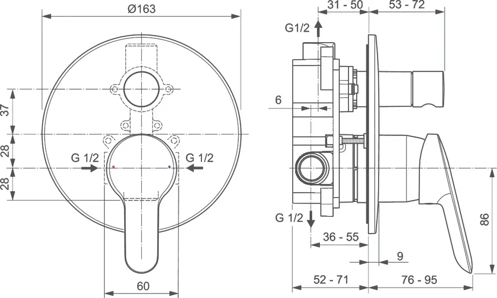 Габаритная схема Душевой комплект Ideal Standard Alpha BD003AA с внутренней частью