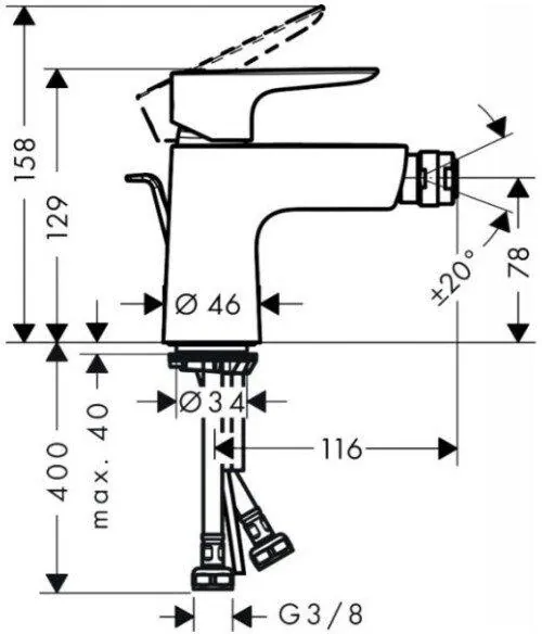 Габаритная схема Смеситель Hansgrohe Talis E 71720670 для биде