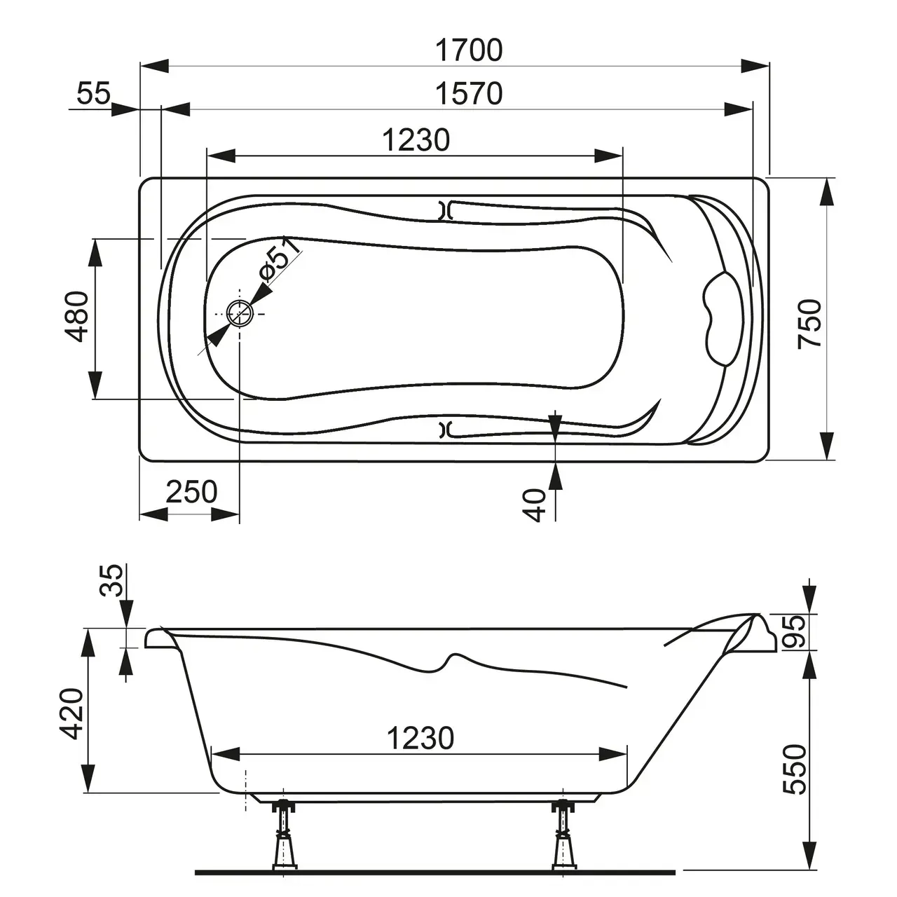 Габаритная схема Акриловая ванна Vagnerplast Charitka 170х75