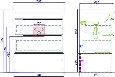 Габаритная схема Тумба с раковиной Aqwella Fargo 70 дуб балтийский