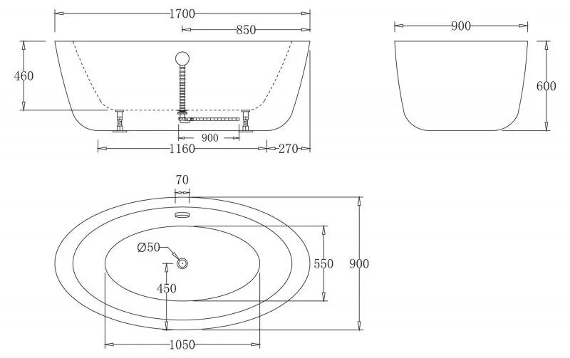 Габаритная схема Акриловая ванна BelBagno BB67-1700 170х90