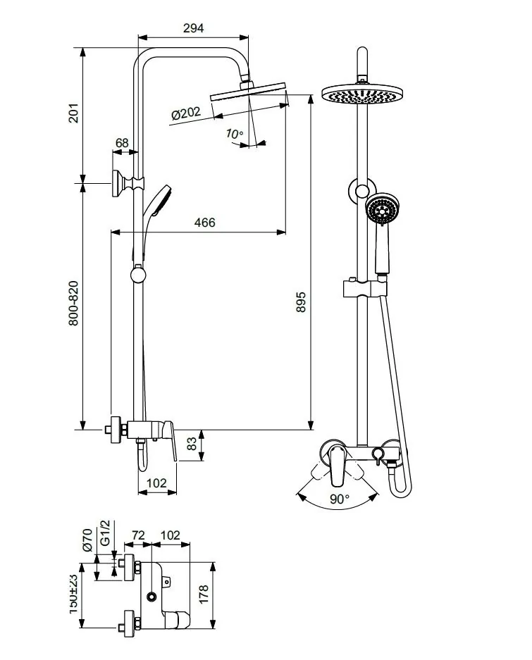 Габаритная схема Душевая стойка Vidima Balance BA271AA