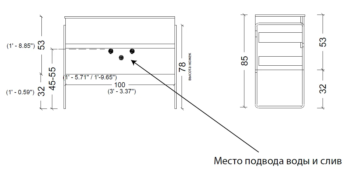 Габаритная схема Тумба под раковину Armadi Art Vallessi 100 антрацит матовый