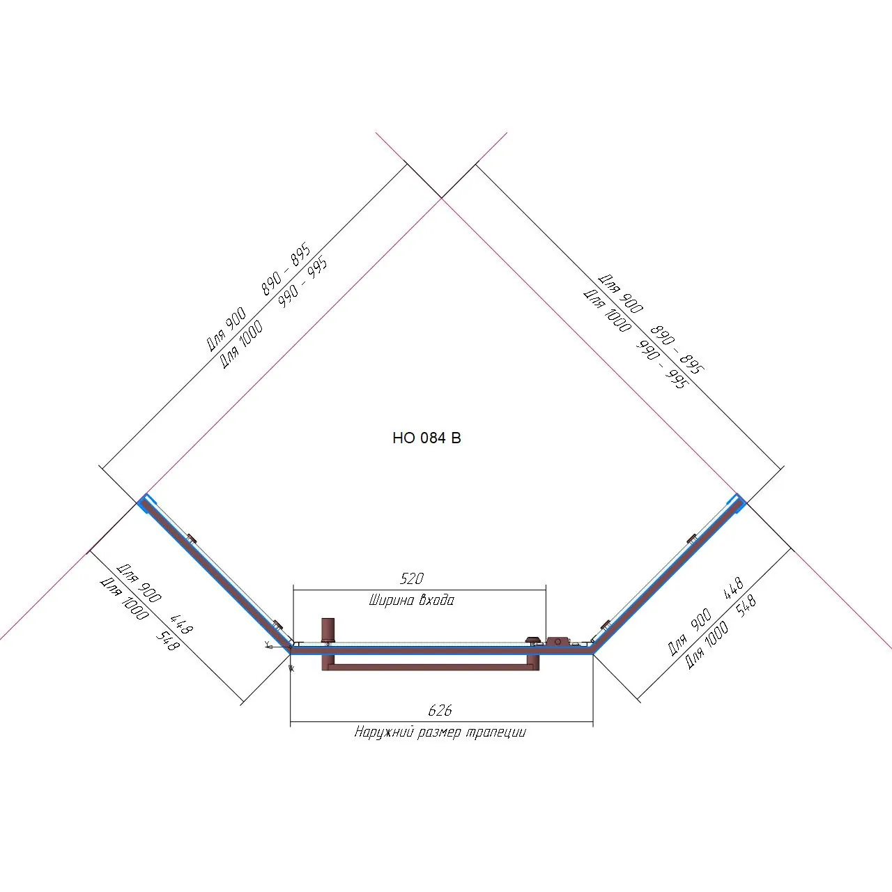 Габаритная схема Душевой уголок RGW Hotel HO-084G 90х90 стекло матовое