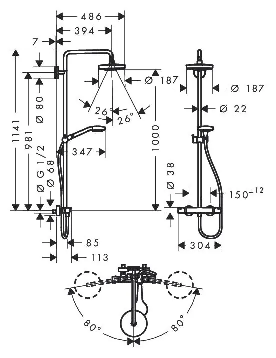Габаритная схема Душевая стойка Hansgrohe Croma Select S 27253400