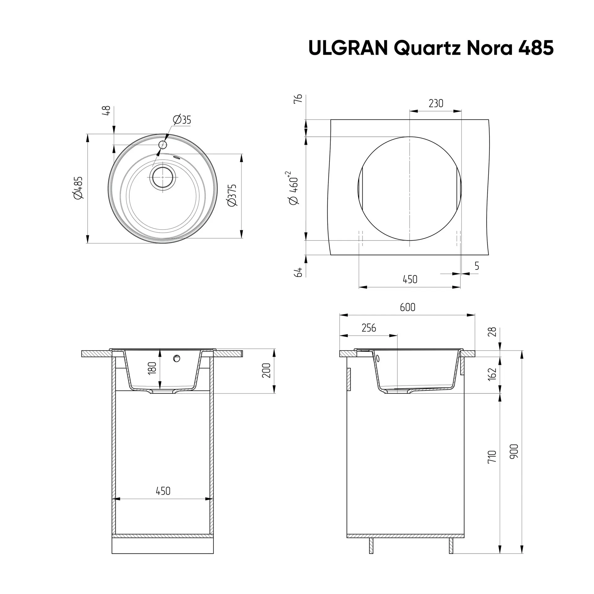 Габаритная схема Мойка кухонная Ulgran Quartz Nora 485-03 десерт