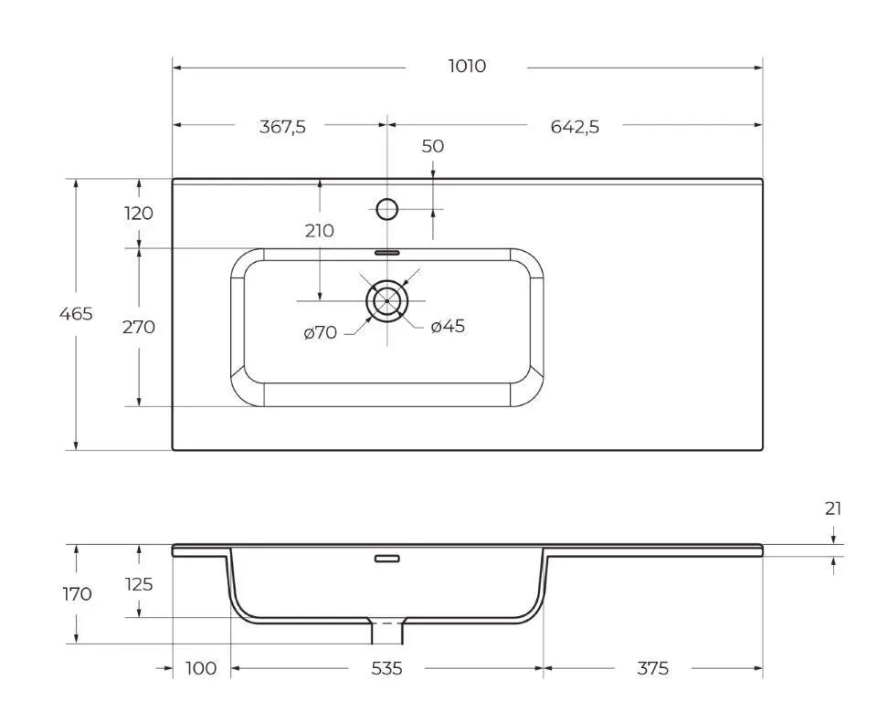 Габаритная схема Мебельная раковина BelBagno BB1000ETL-L 100 см