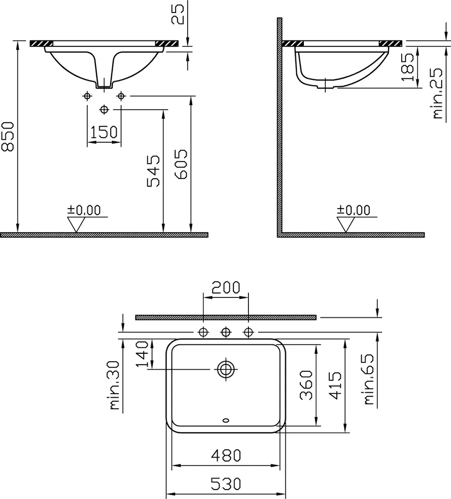 Габаритная схема Раковина Vitra S50 5339B003-0012 50 см