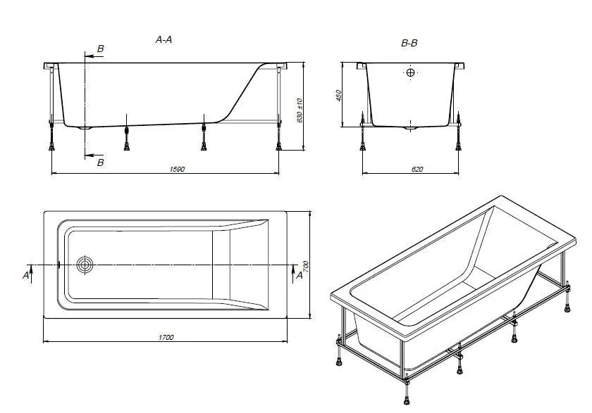 Габаритная схема Акриловая ванна Roca Easy 170x70