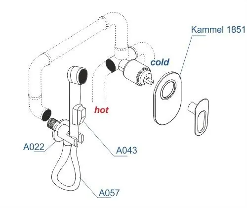 Габаритная схема Гигиенический душ Wasserkraft Kammel A111857 со смесителем, с внутренней частью