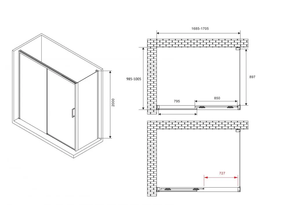 Габаритная схема Душевой уголок Abber Komfort AG93170-S102 170x100