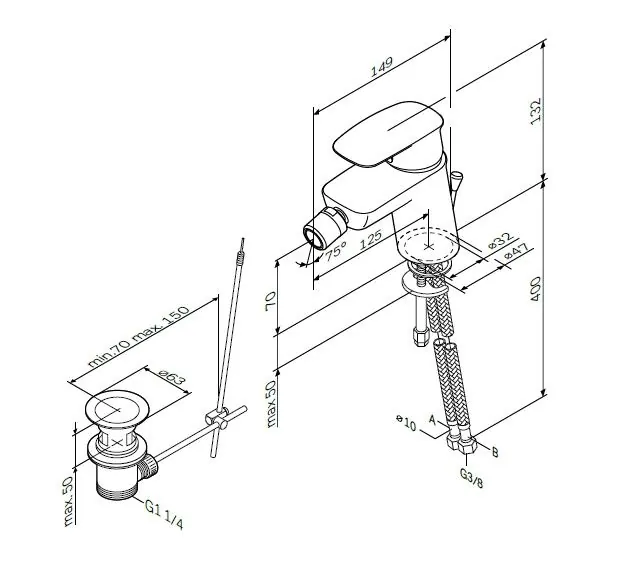 Габаритная схема Смеситель AM.PM Spirit 2.1 F71A83100 для биде