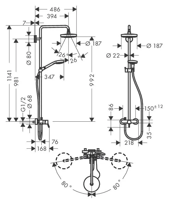 Габаритная схема Душевая стойка Hansgrohe Croma Select S 27255400