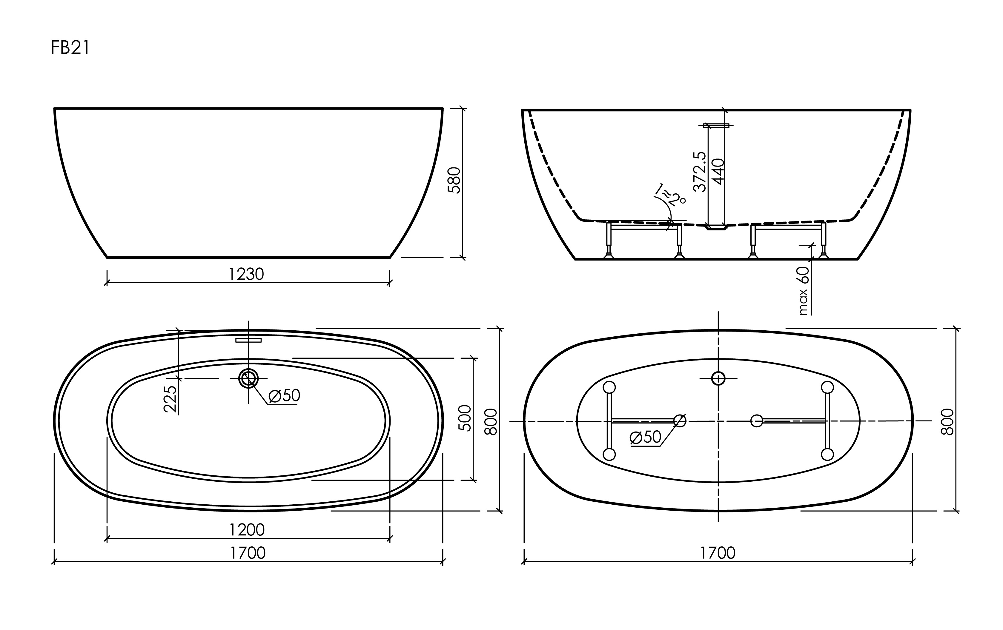 Габаритная схема Акриловая ванна Sancos Овал (Oval) FB21 170x80