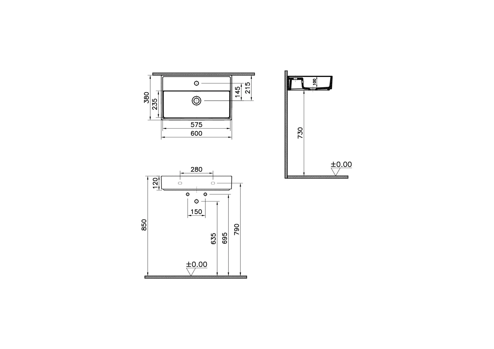Габаритная схема Раковина Vitra ArchiPlan 7401B003-0001 60 см
