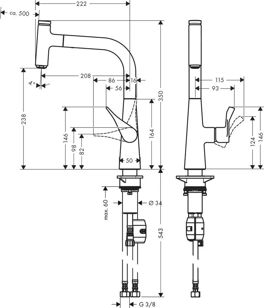 Габаритная схема Смеситель Hansgrohe Metris Select 14857800 для кухонной мойки