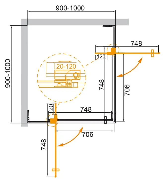 Габаритная схема Душевой уголок Cezares Slider A-2-90/100-GRIGIO-Cr