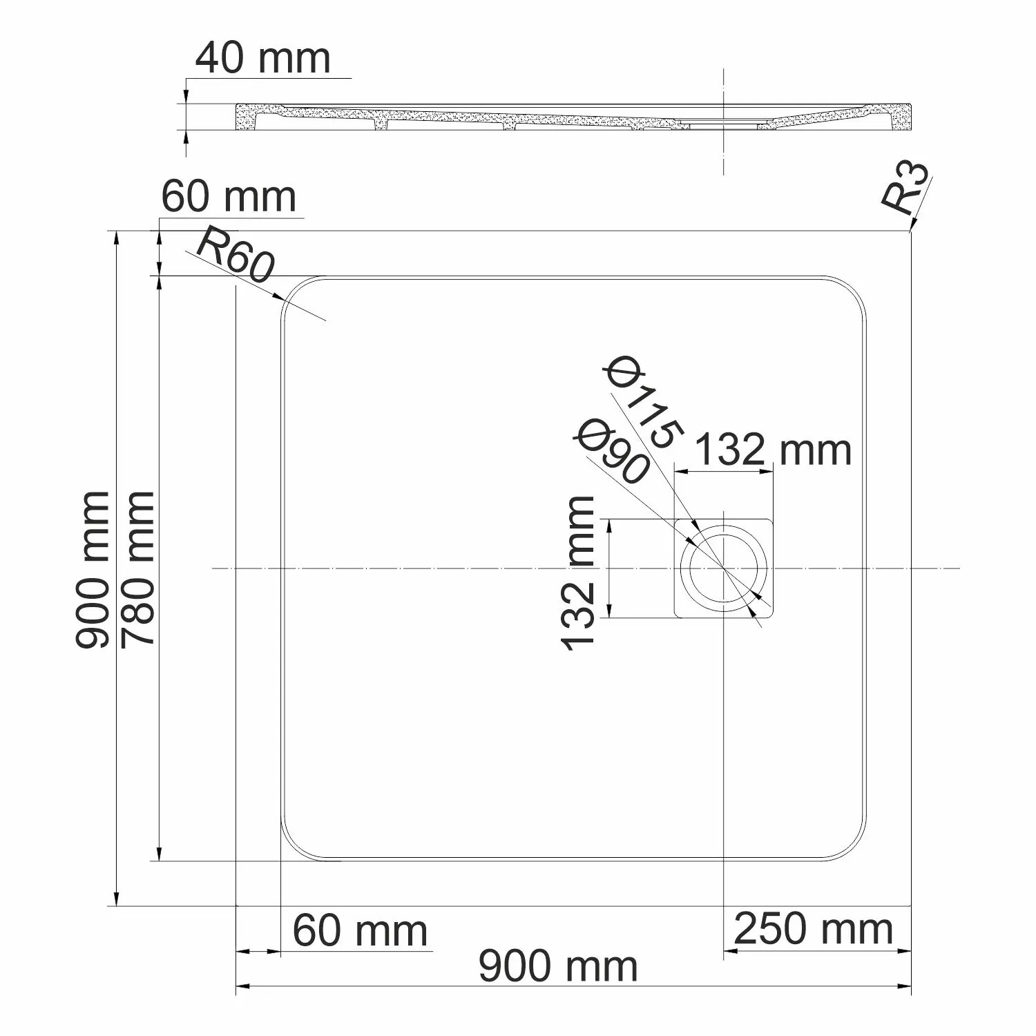 Габаритная схема Поддон для душа Wasserkraft Neime 19T03 90x90