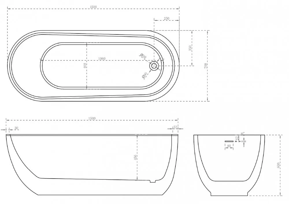 Габаритная схема Акриловая ванна Abber AB9341-1.5 150x70