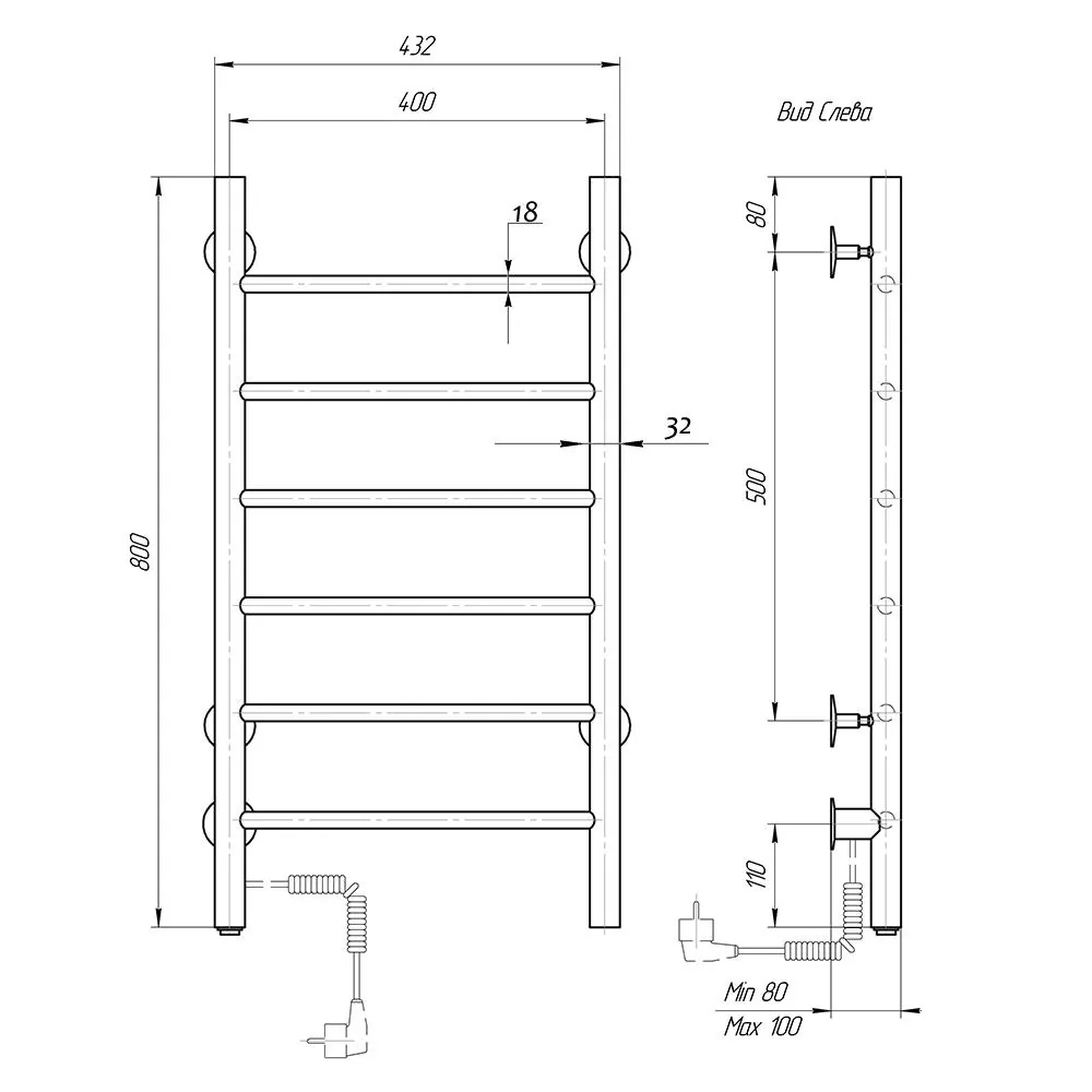 Габаритная схема Полотенцесушитель электрический Domoterm Аврора 40x80 L