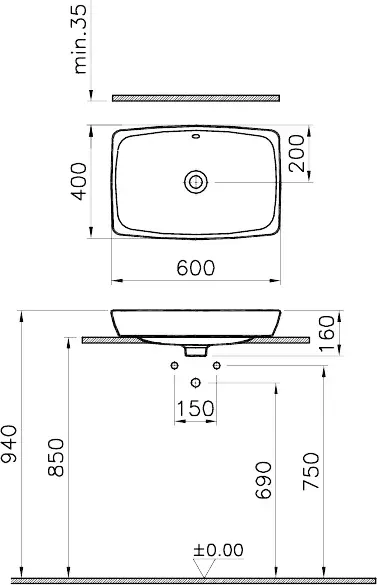 Габаритная схема Раковина Vitra Metropole 5668B003-0012 60 см