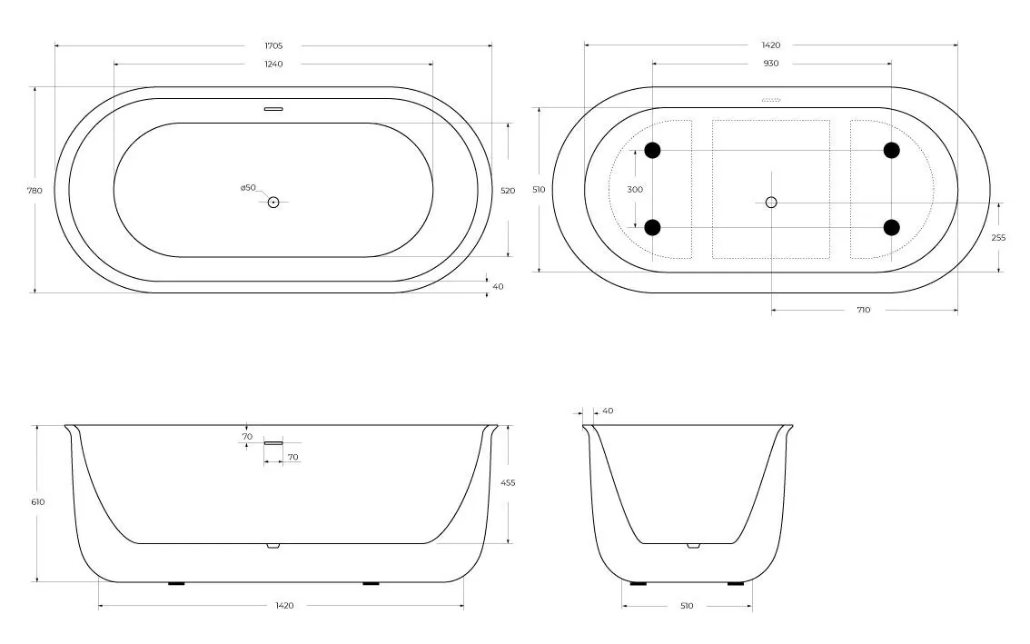 Габаритная схема Акриловая ванна BelBagno BB709-1700-780 170x80