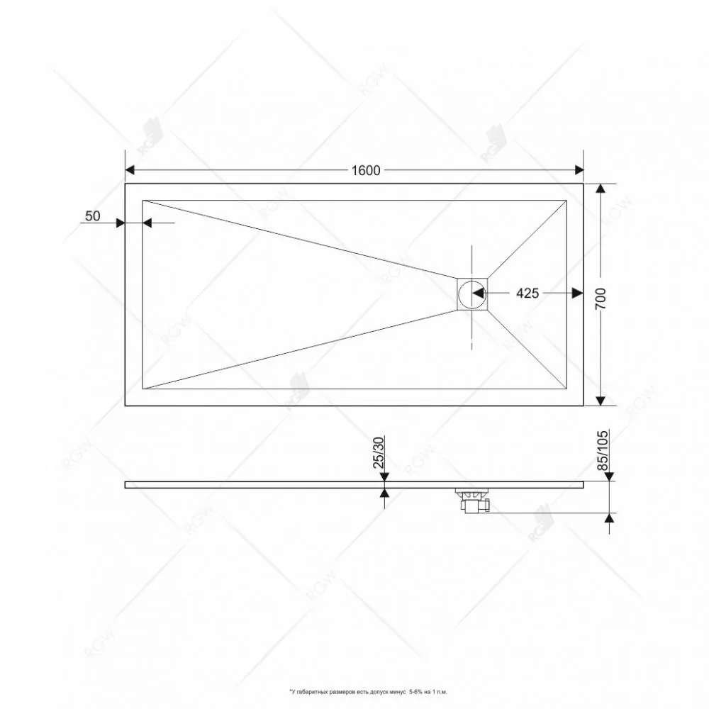 Габаритная схема Поддон для душа RGW Stone Tray ST-G 160x70