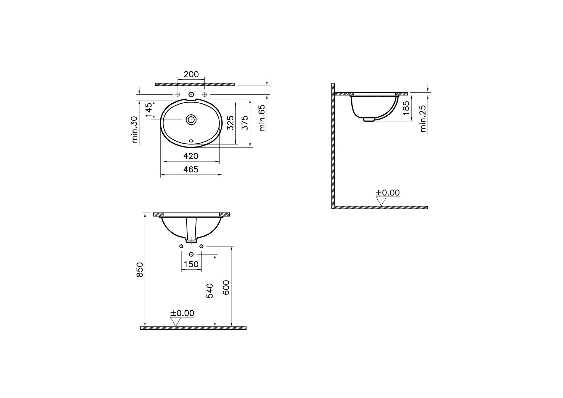 Габаритная схема Раковина Vitra Arkitekt 6039B003-0012 50 см