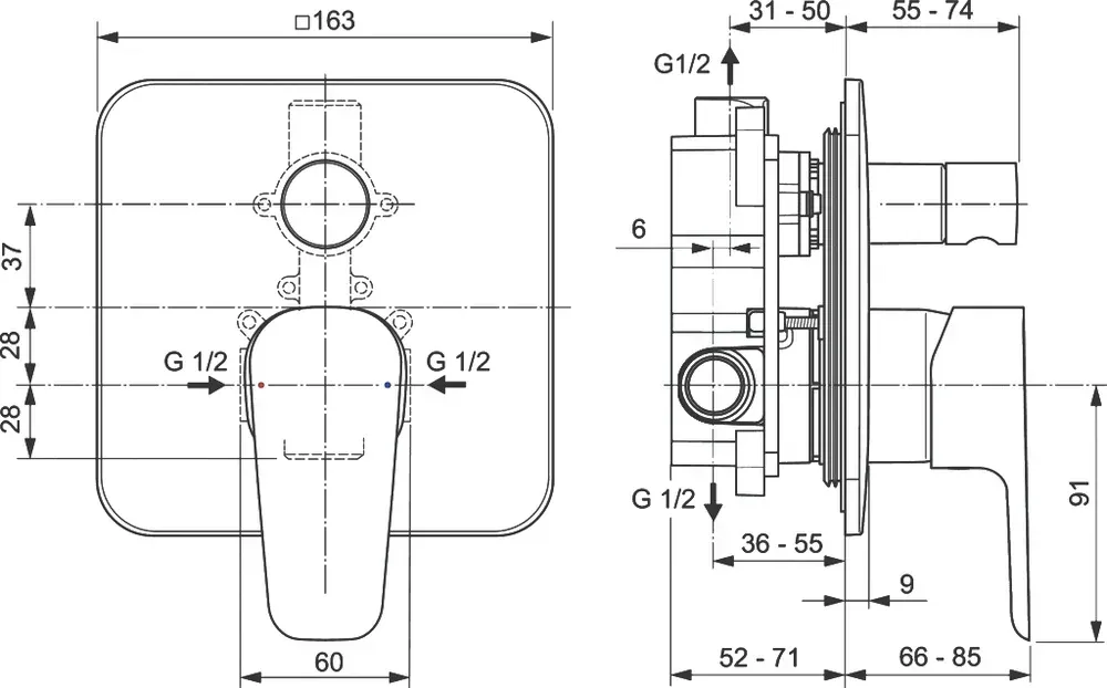 Габаритная схема Душевой комплект Ideal Standard Esla BD002XC с внутренней частью