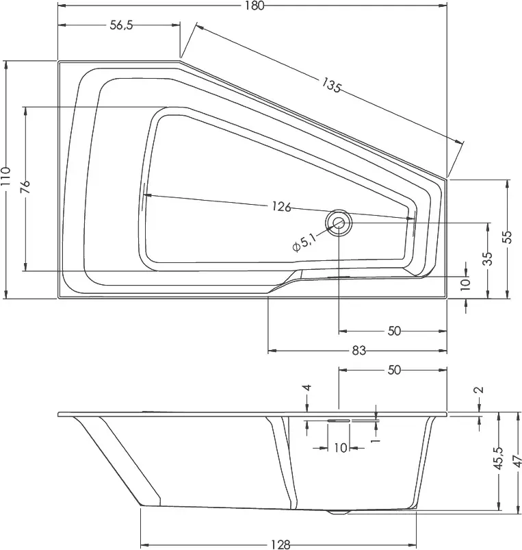 Габаритная схема Акриловая ванна Riho Rething Space 180х110 L