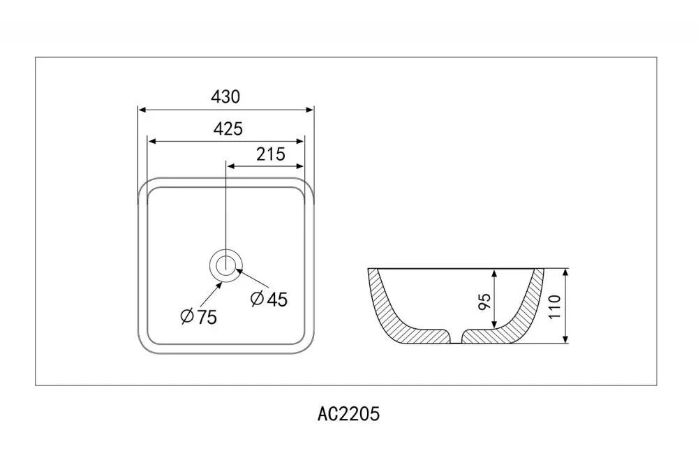 Габаритная схема Раковина Abber Rechteck AC2205 40 см