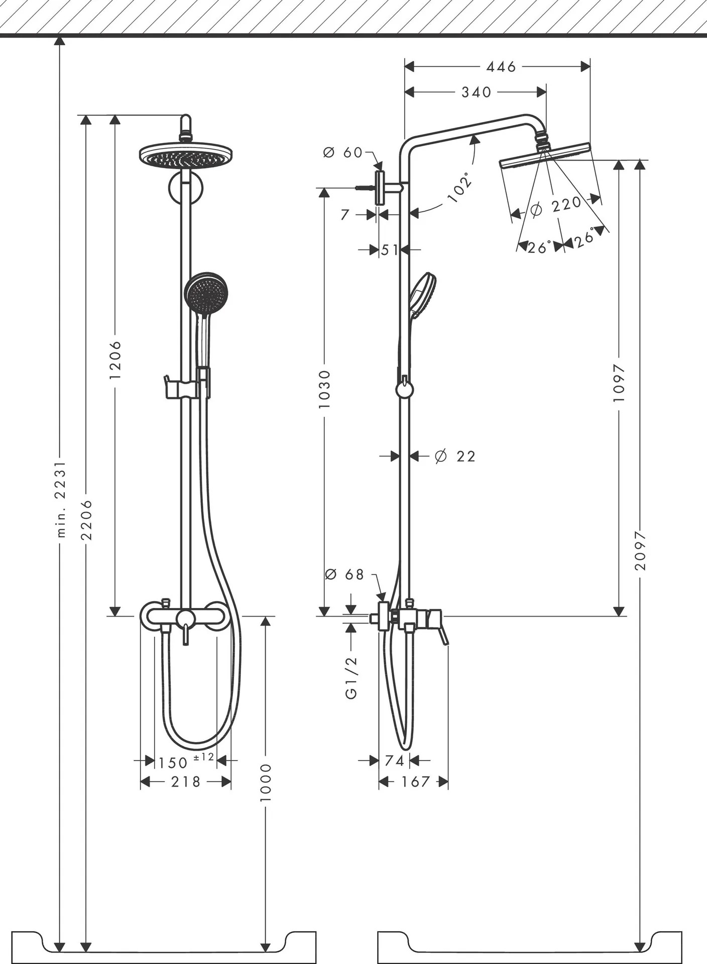 Габаритная схема Душевая стойка Hansgrohe Croma 27222000