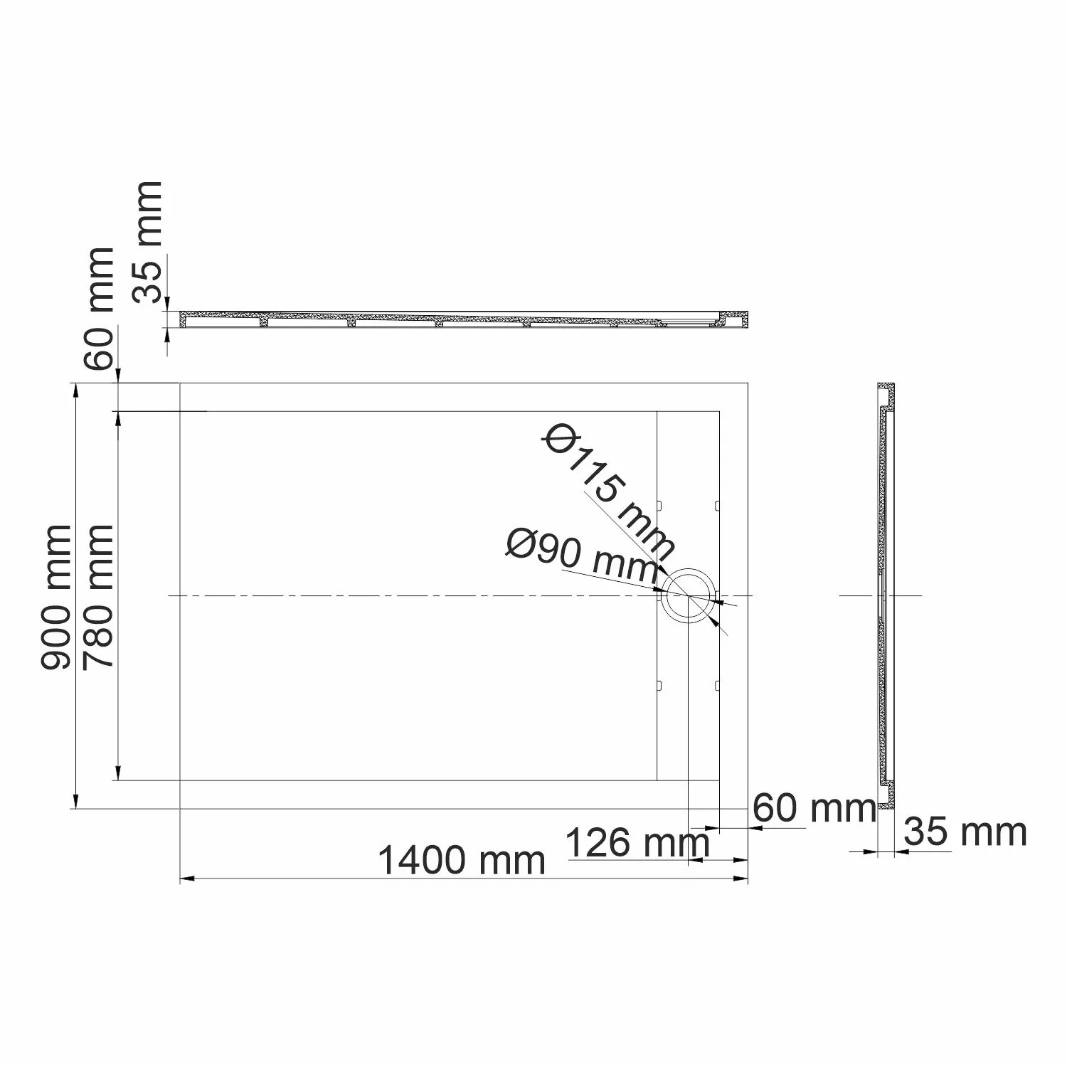 Габаритная схема Поддон для душа Wasserkraft Rhin 44T36 140x90