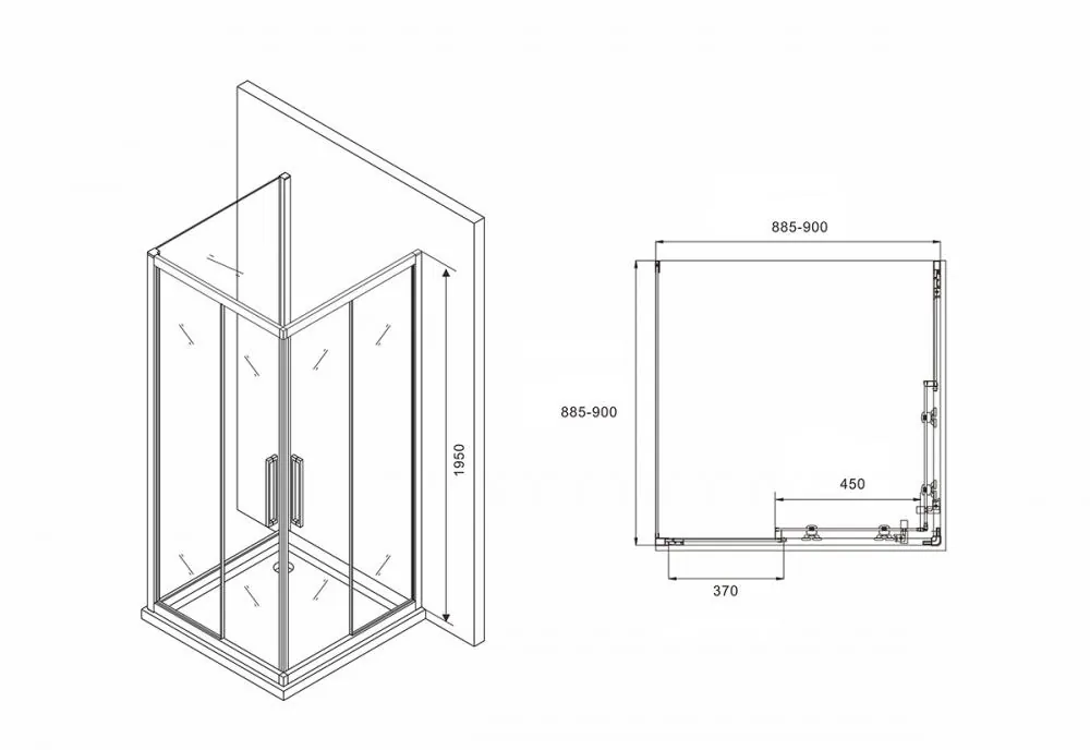 Габаритная схема Душевой уголок Abber Schwarzer Diamant AG02090BH-S90B 90x90