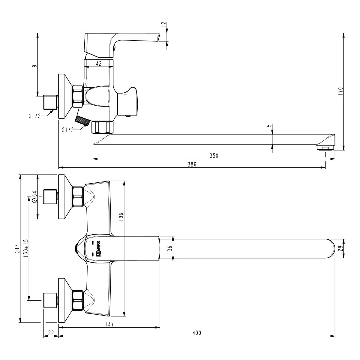 Габаритная схема Смеситель Lemark Ursus LM7251BL для ванны с душем