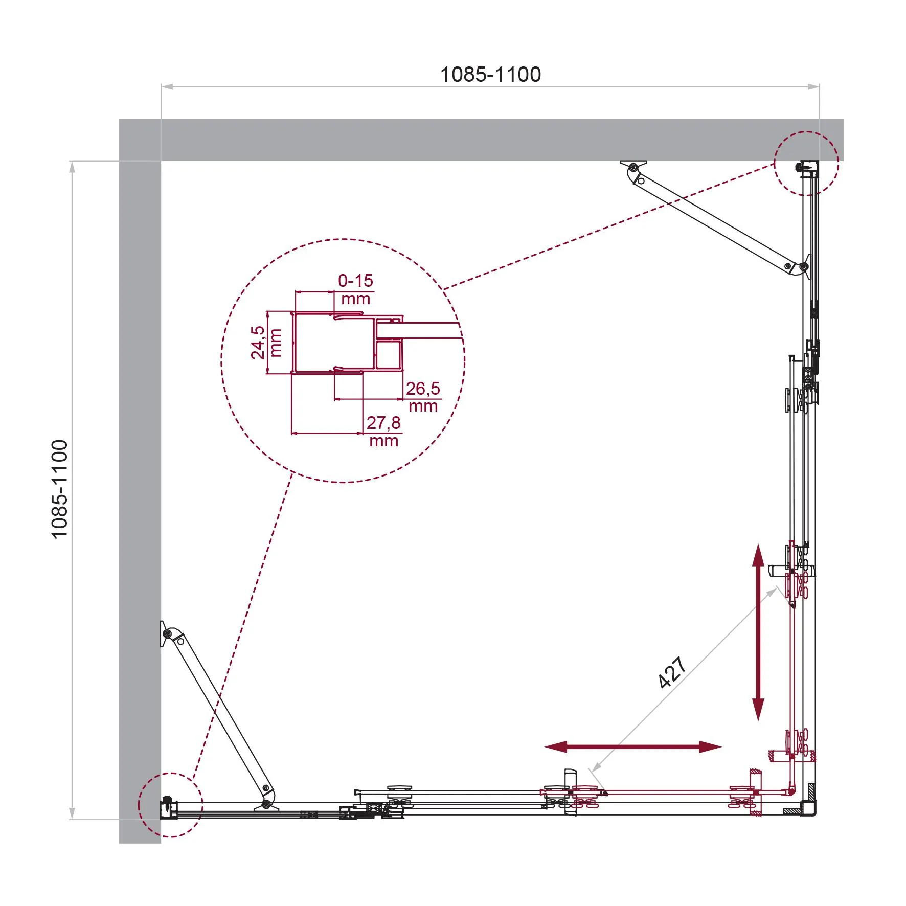 Габаритная схема Душевой уголок BelBagno Luce A-22-80+30-C-Cr