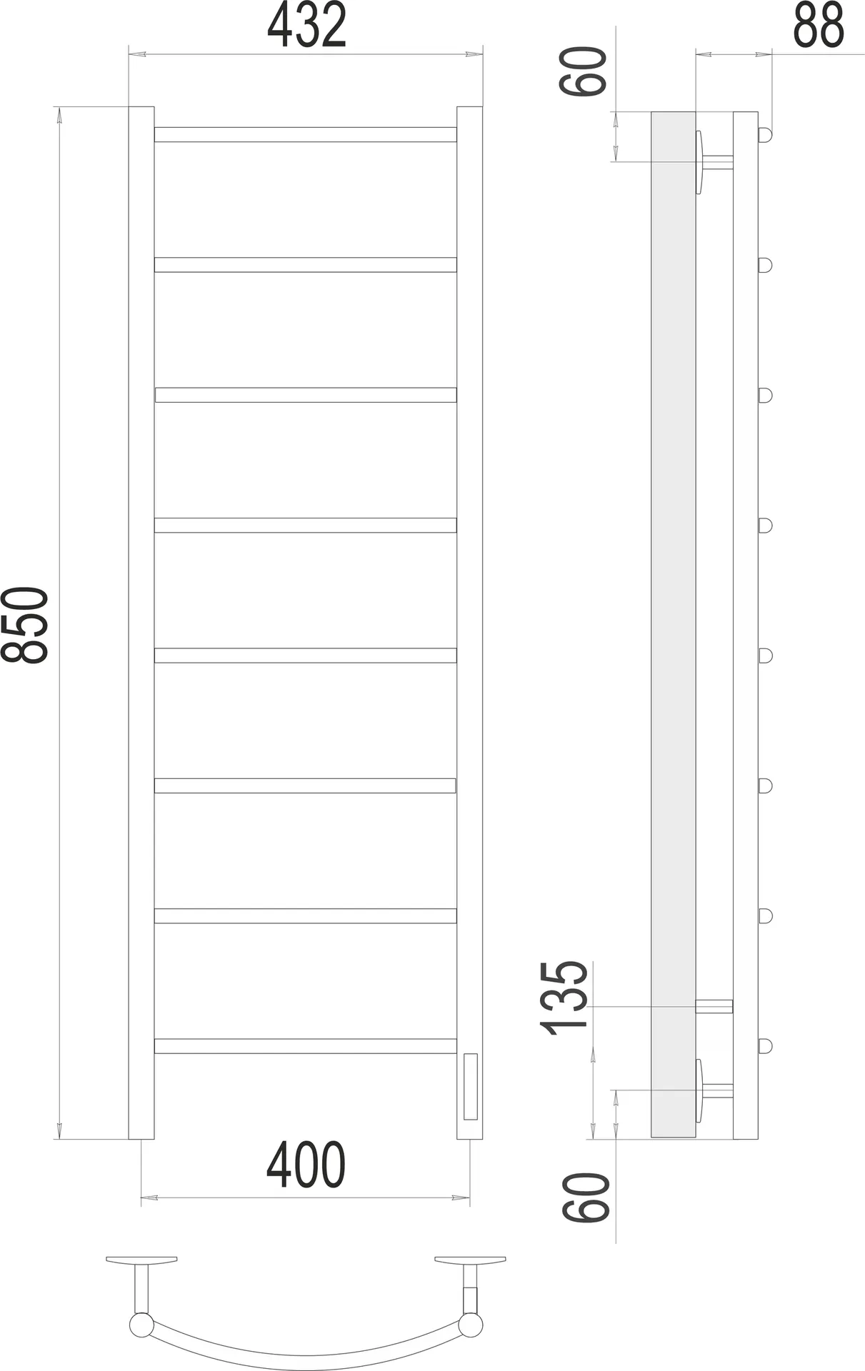 Габаритная схема Полотенцесушитель электрический Terminus Классик П8 40х85 правый