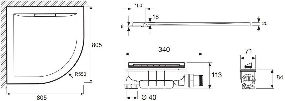 Габаритная схема Поддон для душа Jacob Delafon Flight Pure E62322-00 80х80